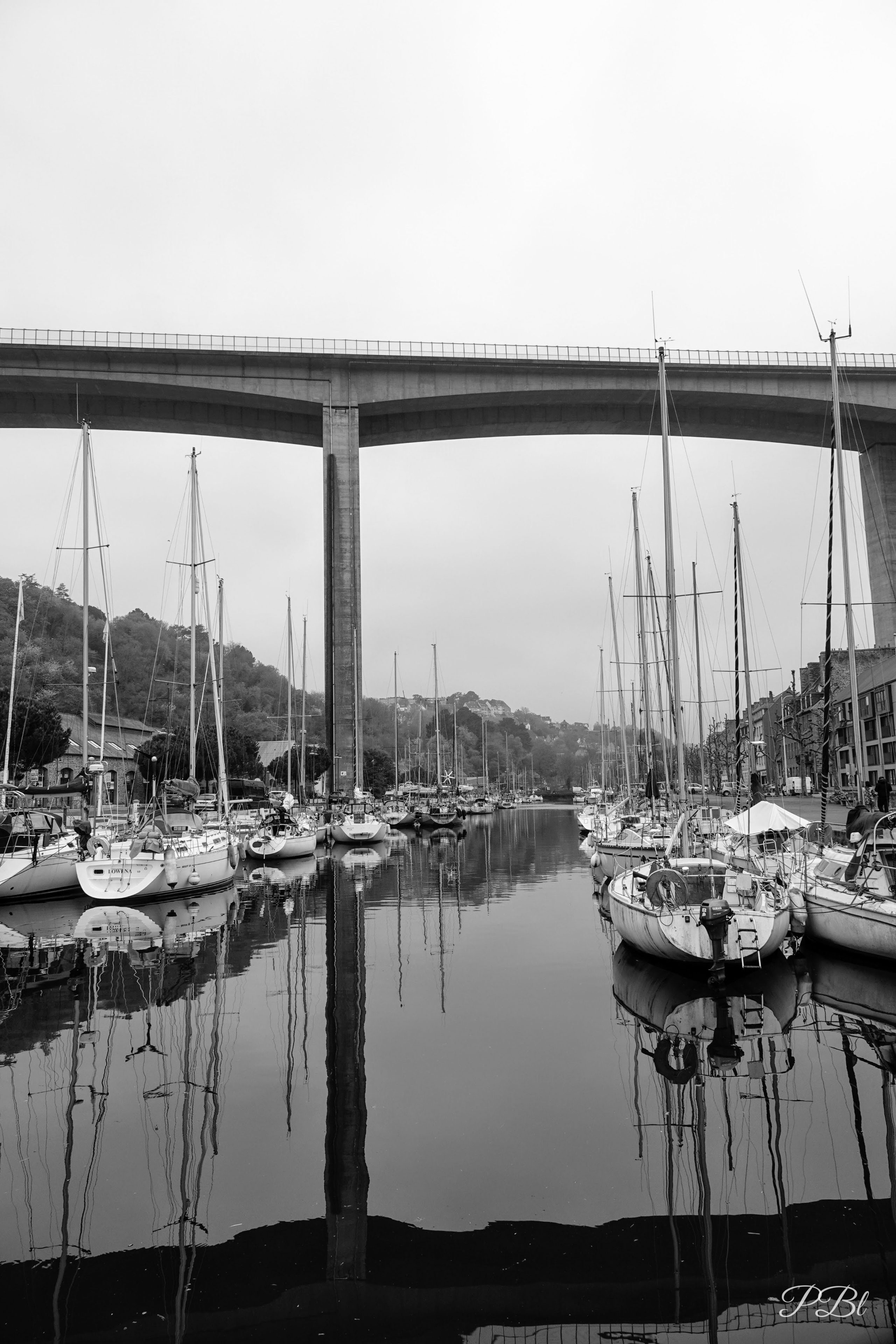 Port de plaisance au pied d'un grand viaduc, en noir et blanc