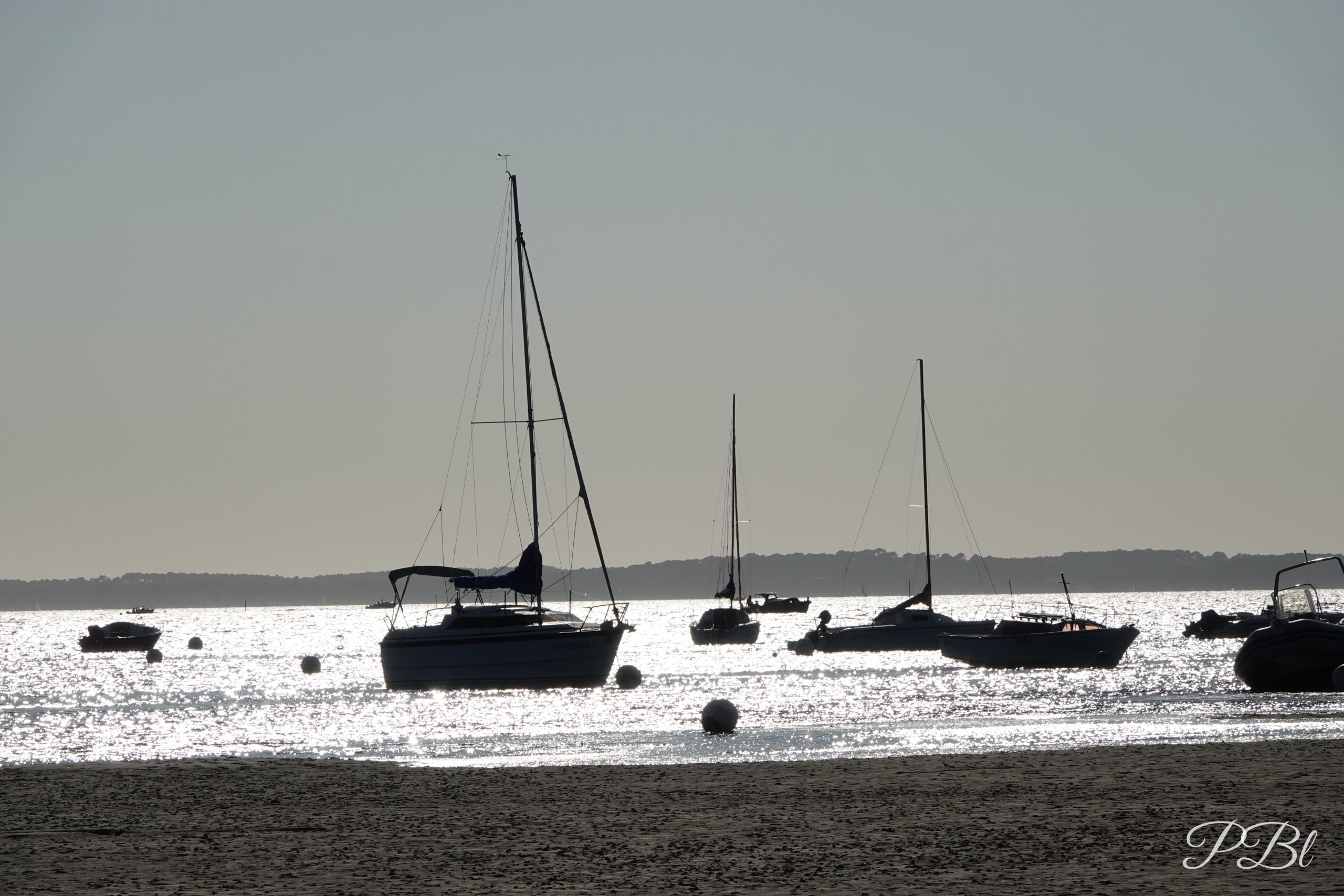 Voiliers au mouillage à marée basse, à contre-jour