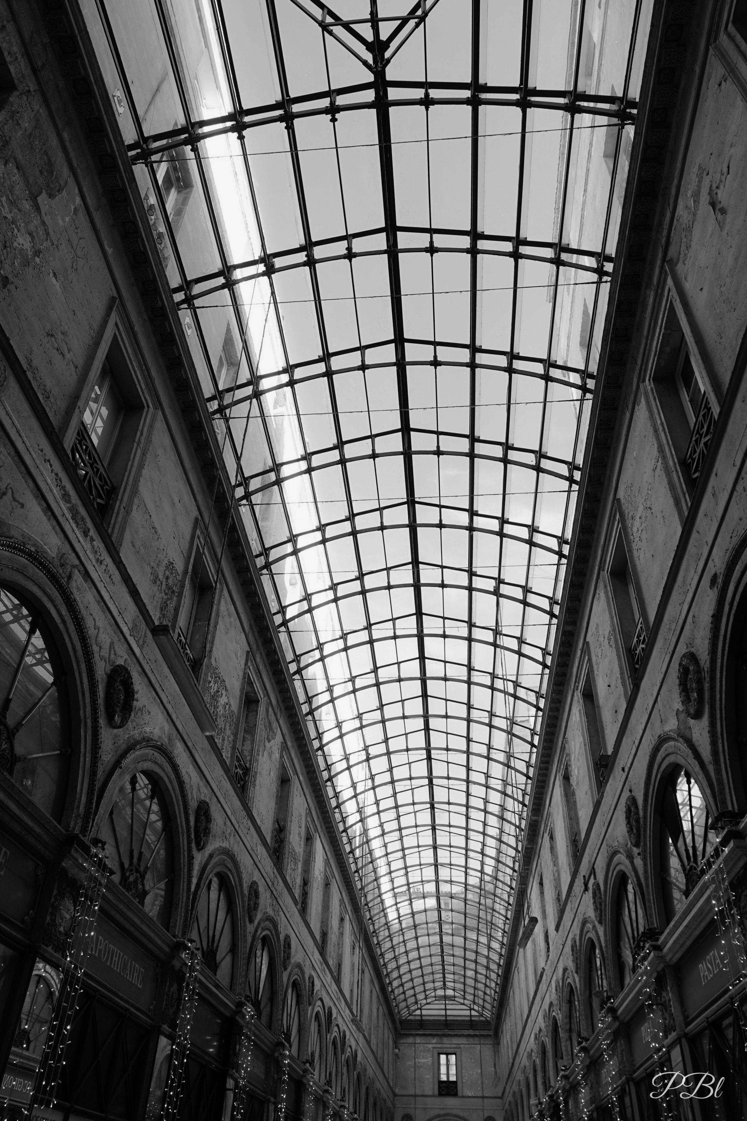 Verrière d'une galerie couverte, en noir et blanc